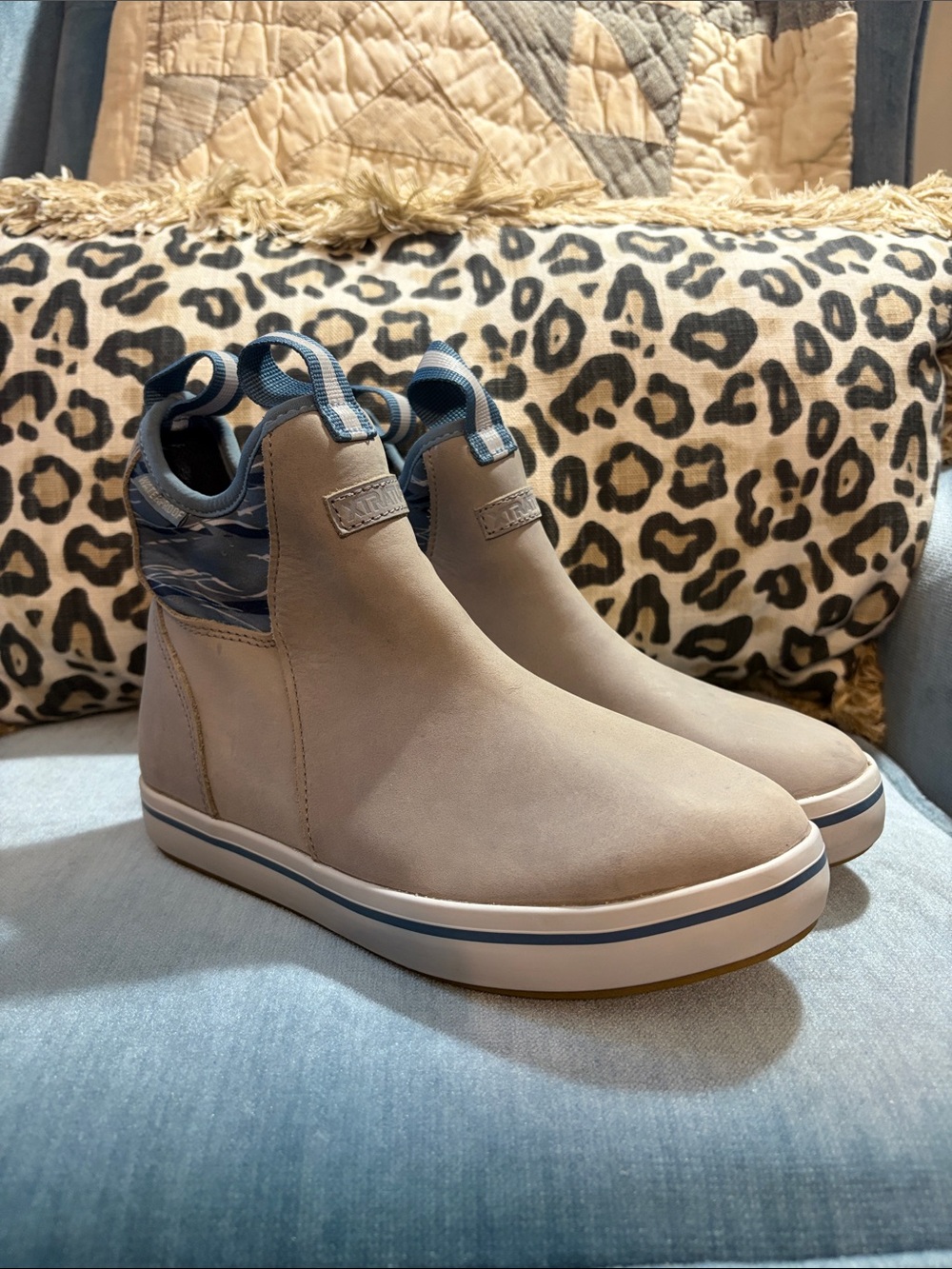Xtratuf Women’s Slip-On Casual Boot Sneakers in Taupe/Gray and Blue